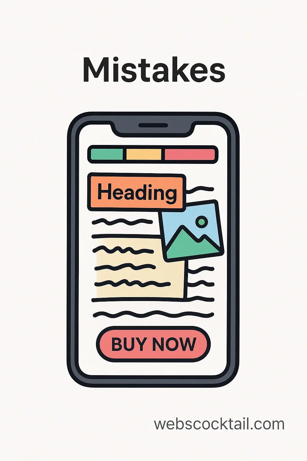 Cartoon illustration showing messy website layout on smartphone screen