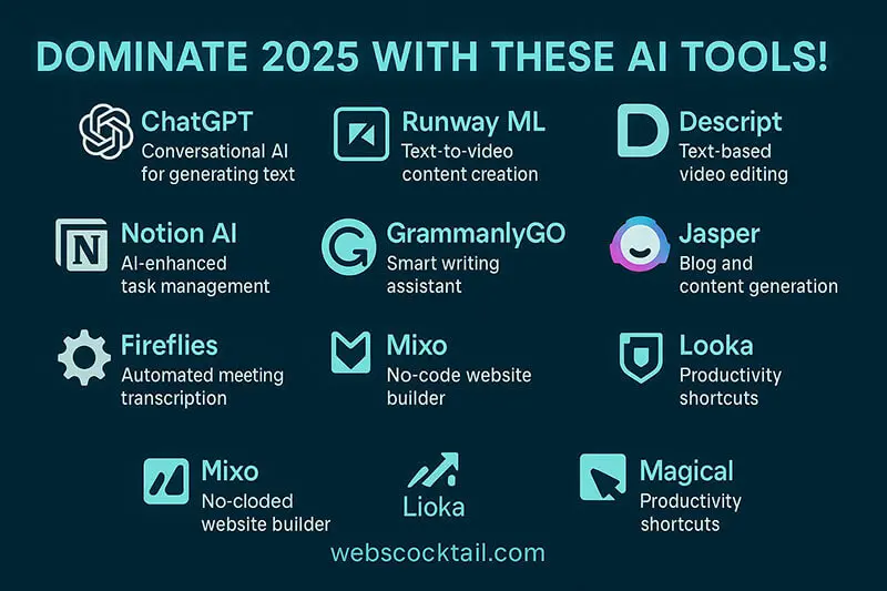 Final visual promoting 10 powerful AI tools for 2025 - webscocktail.com