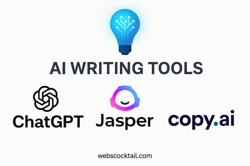 Illustration showing AI writing tools like ChatGPT, Jasper, and Copy.ai - webscocktail.com
