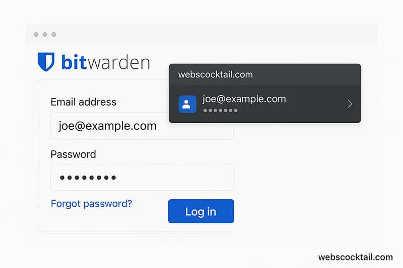 Bitwarden autofill pop-up and vault open in Chrome browser