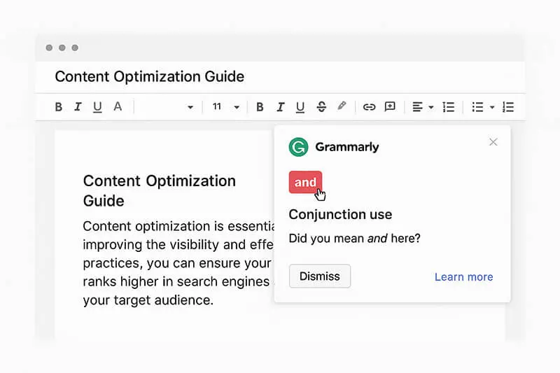 Grammarly suggestions pop-up in a Google Docs interface