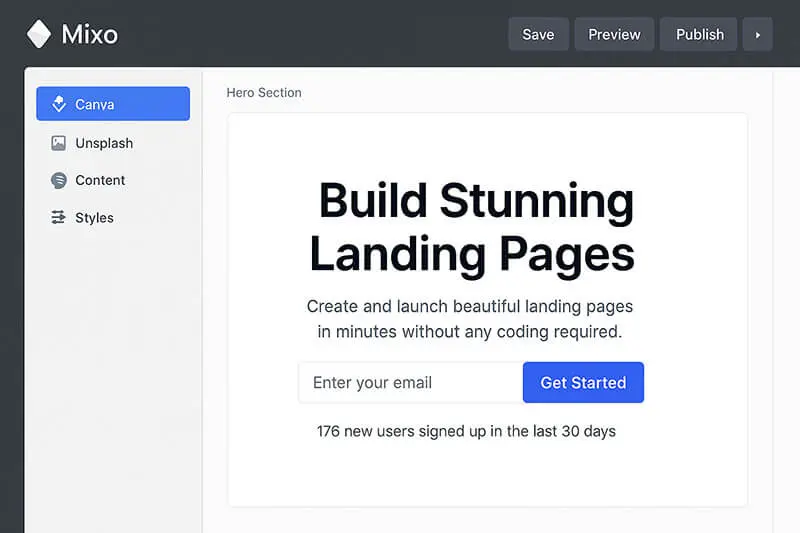 Mixo AI-powered landing page builder UI - webscocktail.com