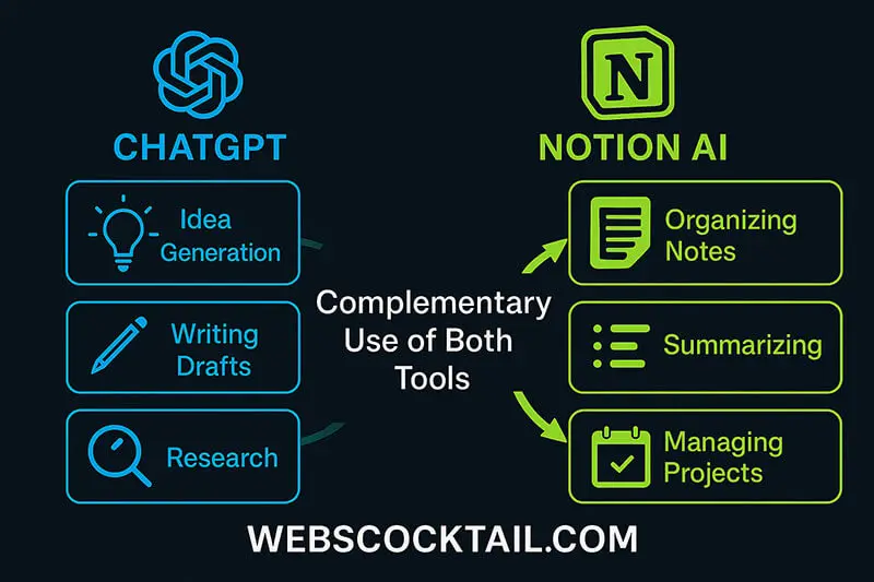 Infographic showing complementary use of Notion AI and ChatGPT - webscocktail.com