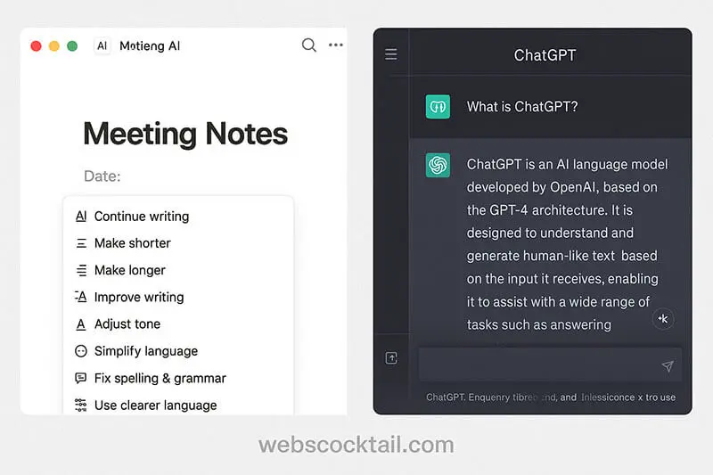 Screenshot comparison of Notion AI in a document vs ChatGPT interface - webscocktail.com