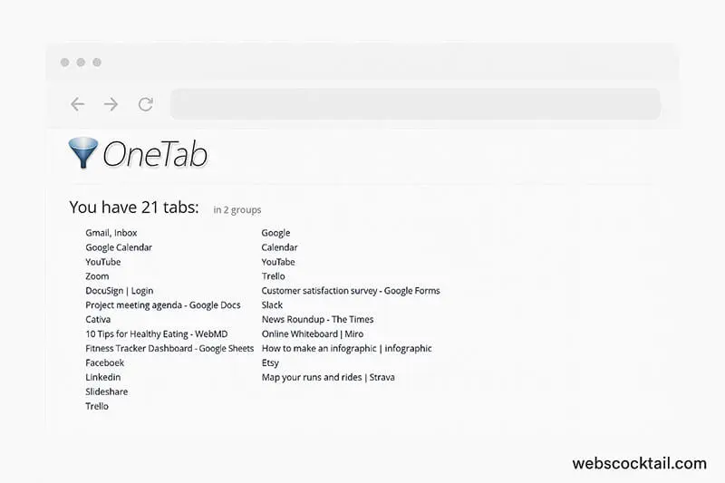 OneTab extension showing a collapsed list of all open tabs