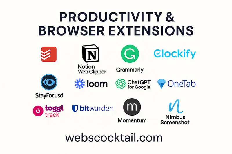 Logos of top 12 productivity Chrome extensions with title overlay