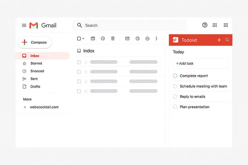 Screenshot of Todoist extension in Chrome sidebar integrated with Gmail