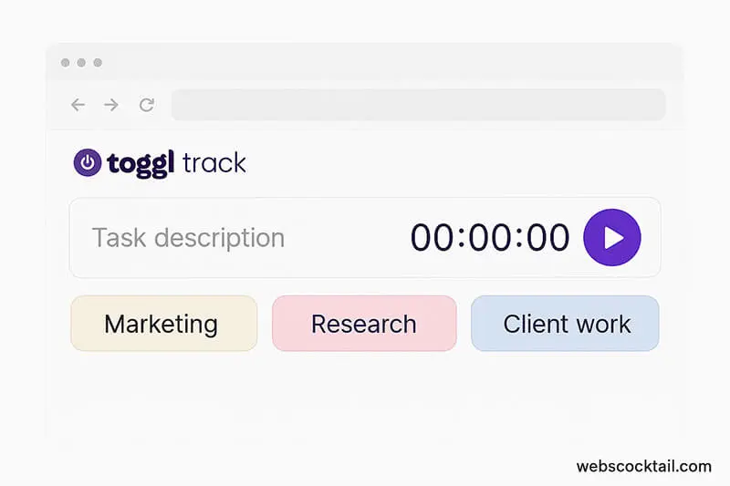 Toggl Track showing minimalist time entry screen with project tags