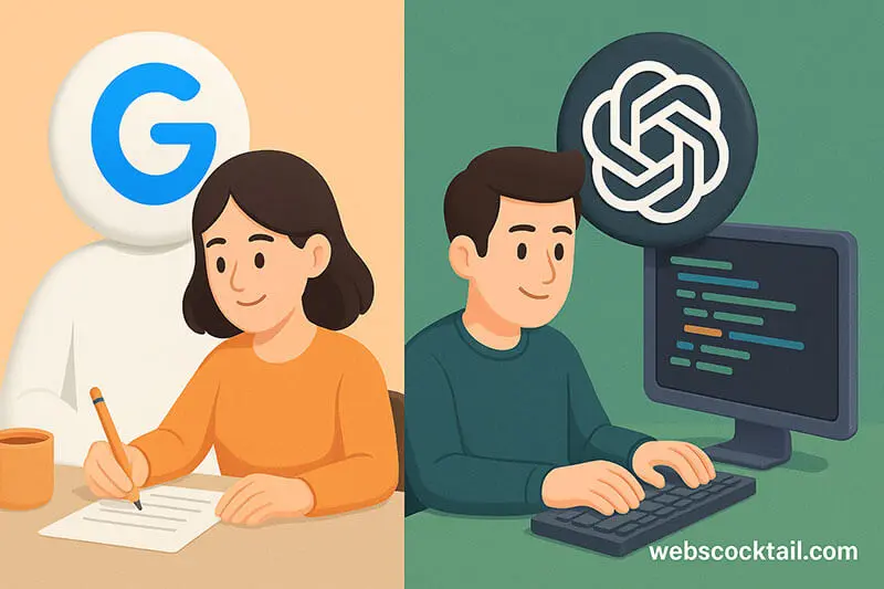 AI assistant helping blogger and developer, one using ChatGPT, other using Gemini