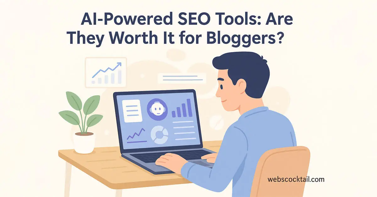 Blogger using AI SEO tools on laptop with futuristic charts and workspace, titled "AI-Powered SEO Tools: Are They Worth It?