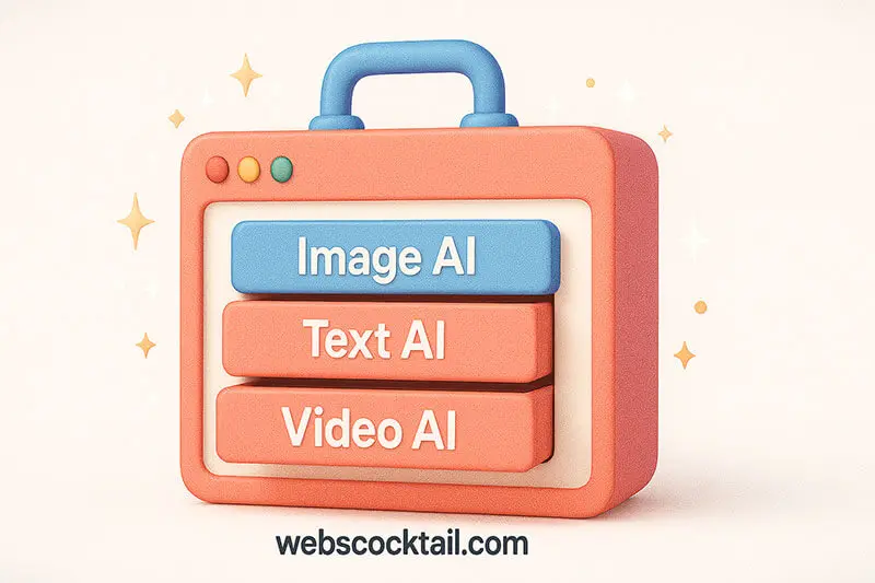 Creative 3D toolbox representing AI tools categorized as image, text, and video AI