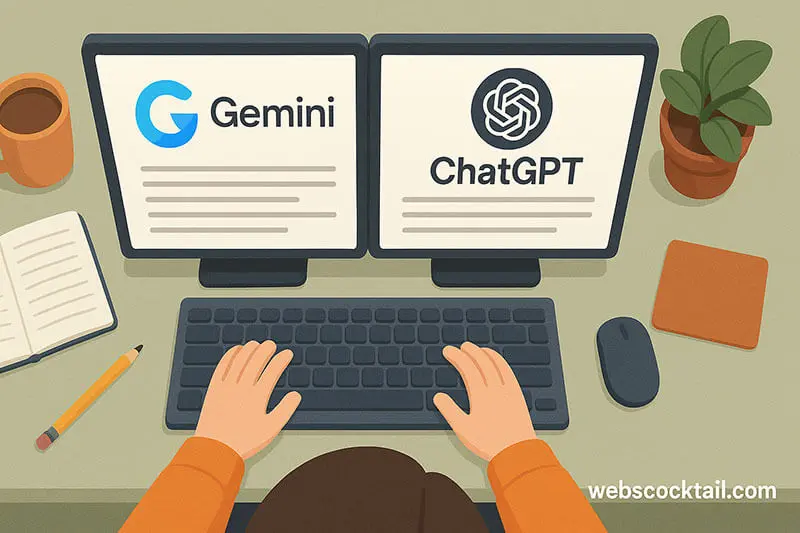 Blogger comparing ChatGPT and Gemini on dual-screen workspace – flat lay view