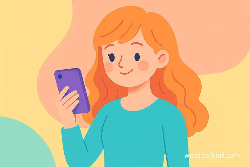 Cartoon-style girl holding a phone in bright pastel colors, created by Canva AI – webscocktail.com
