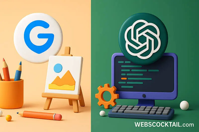 Side-by-side 3D illustration of ChatGPT and Gemini AI logos in creative and technical environments