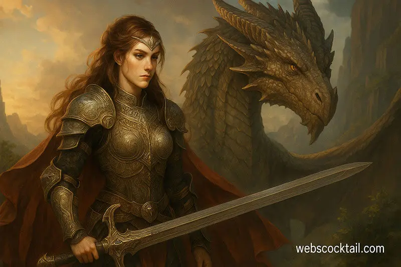 High fantasy concept art of a female warrior with a dragon, generated by Leonardo AI – webscocktail.com
