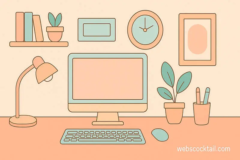 Pastel flat-design minimalist workspace illustration made with Adobe Firefly – webscocktail.com