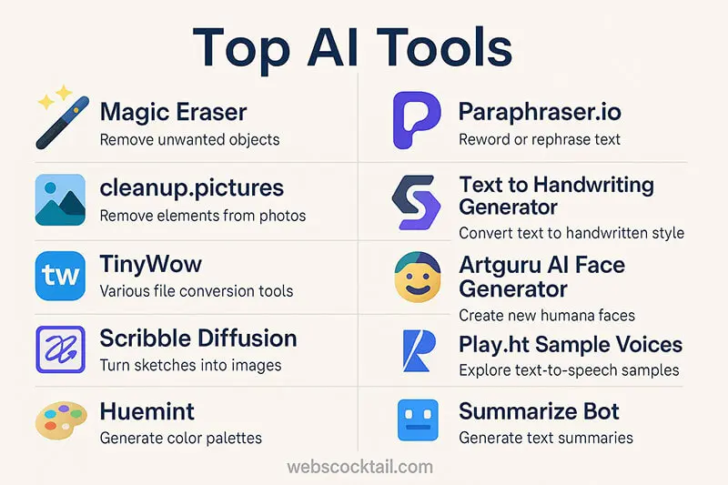 Infographic of top 10 free AI tools that work without signup for creators